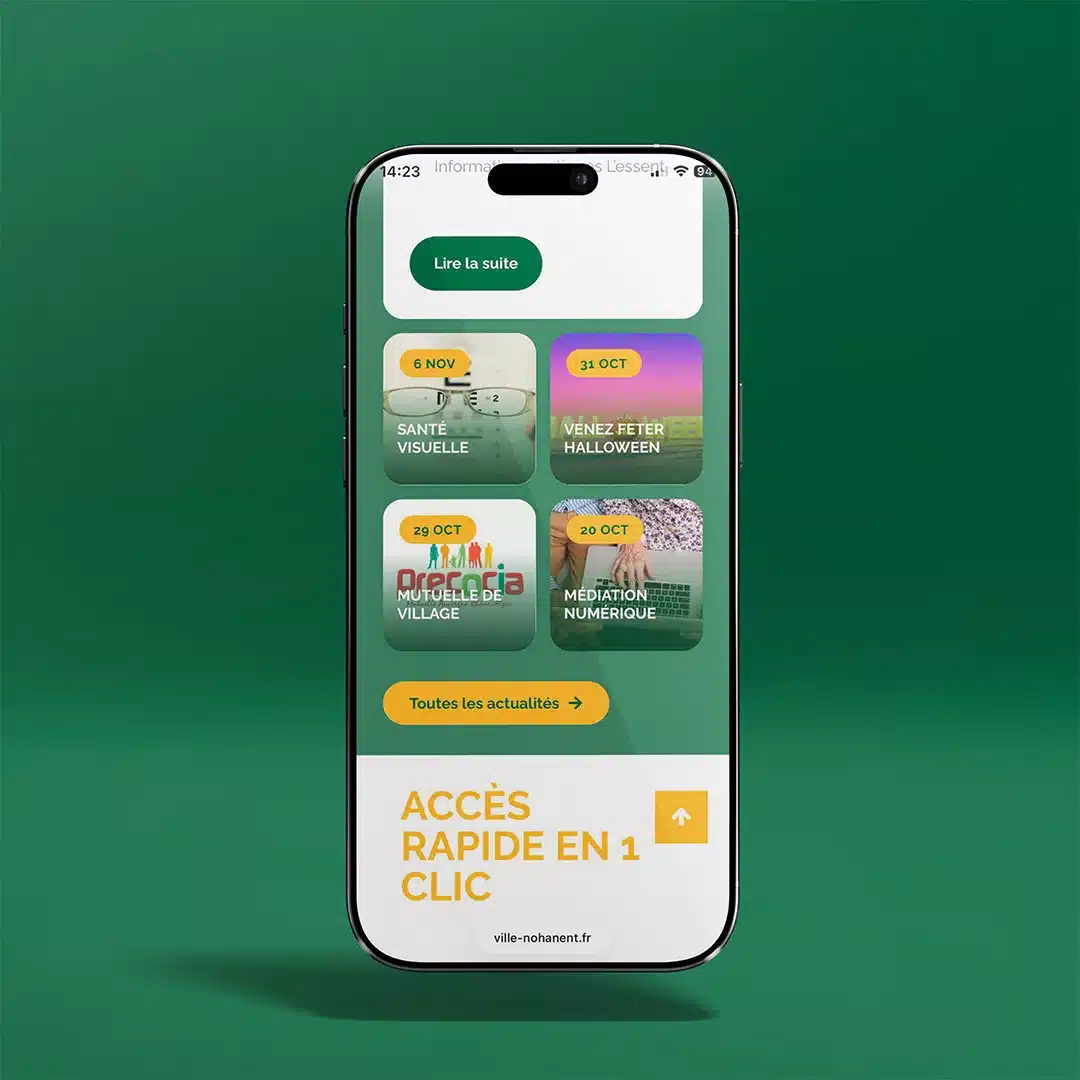 Site de la Mairie de Nohanent sur smartphone, avec ses accès rapides